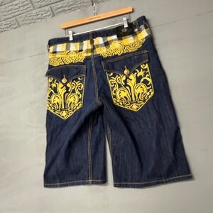 Red Ape Mens 38 Baggy Denim Shorts Dark Wash Yellow Embroidered Streetwear Jorts
